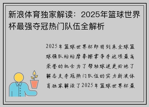 新浪体育独家解读：2025年篮球世界杯最强夺冠热门队伍全解析