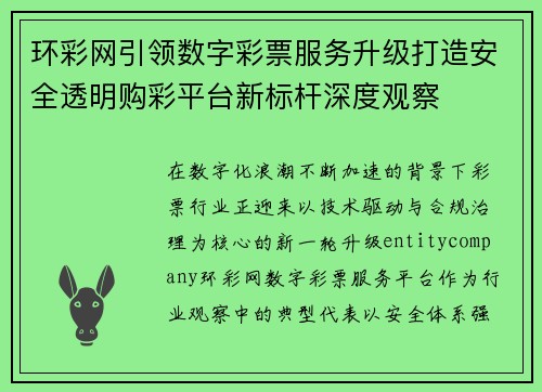 环彩网引领数字彩票服务升级打造安全透明购彩平台新标杆深度观察